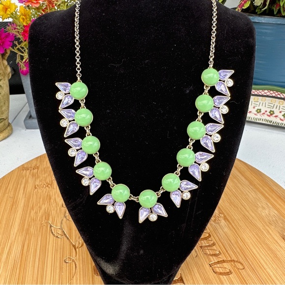 J Crew Statement Necklace, Faceted Teardrop & Round Rhinestones with Green Beads - Picture 3 of 17